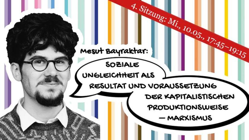 Ein Foto von Mesut Bayraktar mit einer Sprechblase "Soziale Ungleichheit als Resultat und Voraussetzung der kapitalistischen Produkionsweise- Marxismus".