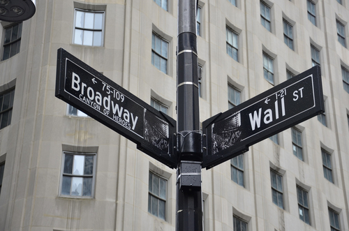 Straßenschilder an einer Kreuzung von Wallstreet und Broadway mit Bürogebäude im Hintergrund